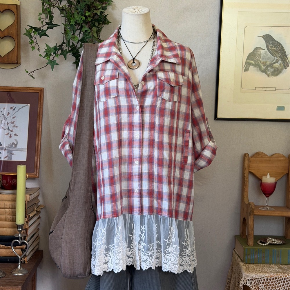 Red Lace Trim Plaid Button Up Shirt Cottagecore XL Oversized Indie Sleaze Girly